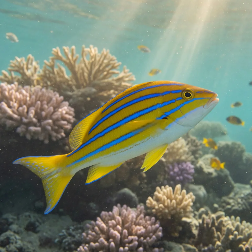 Bluestripe Snapper fish with vivid bright yellow body and 4-5 electric blue horizontal stripes along the sides, white lower belly.