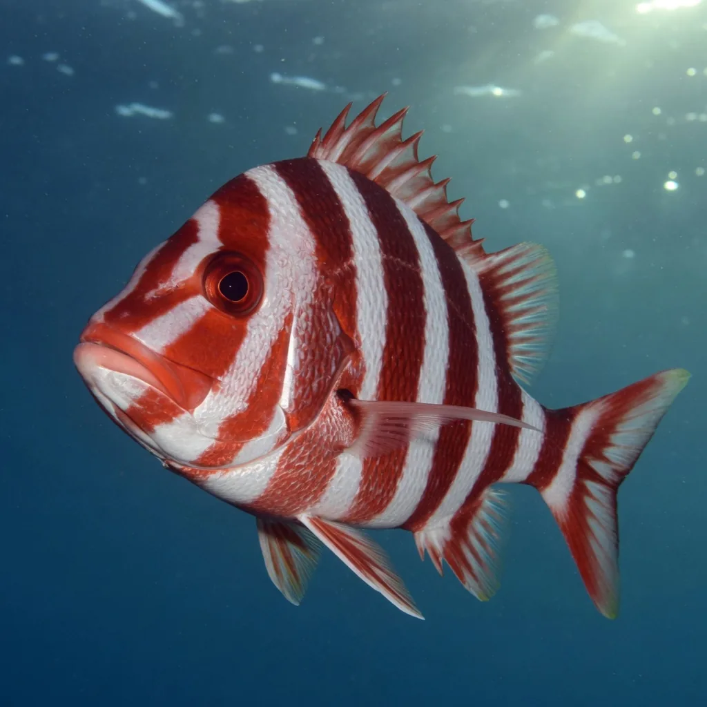Emperor Red Snapper fish showing bold alternating stripes of white and dark red, with spiny fins and a triangular snout.