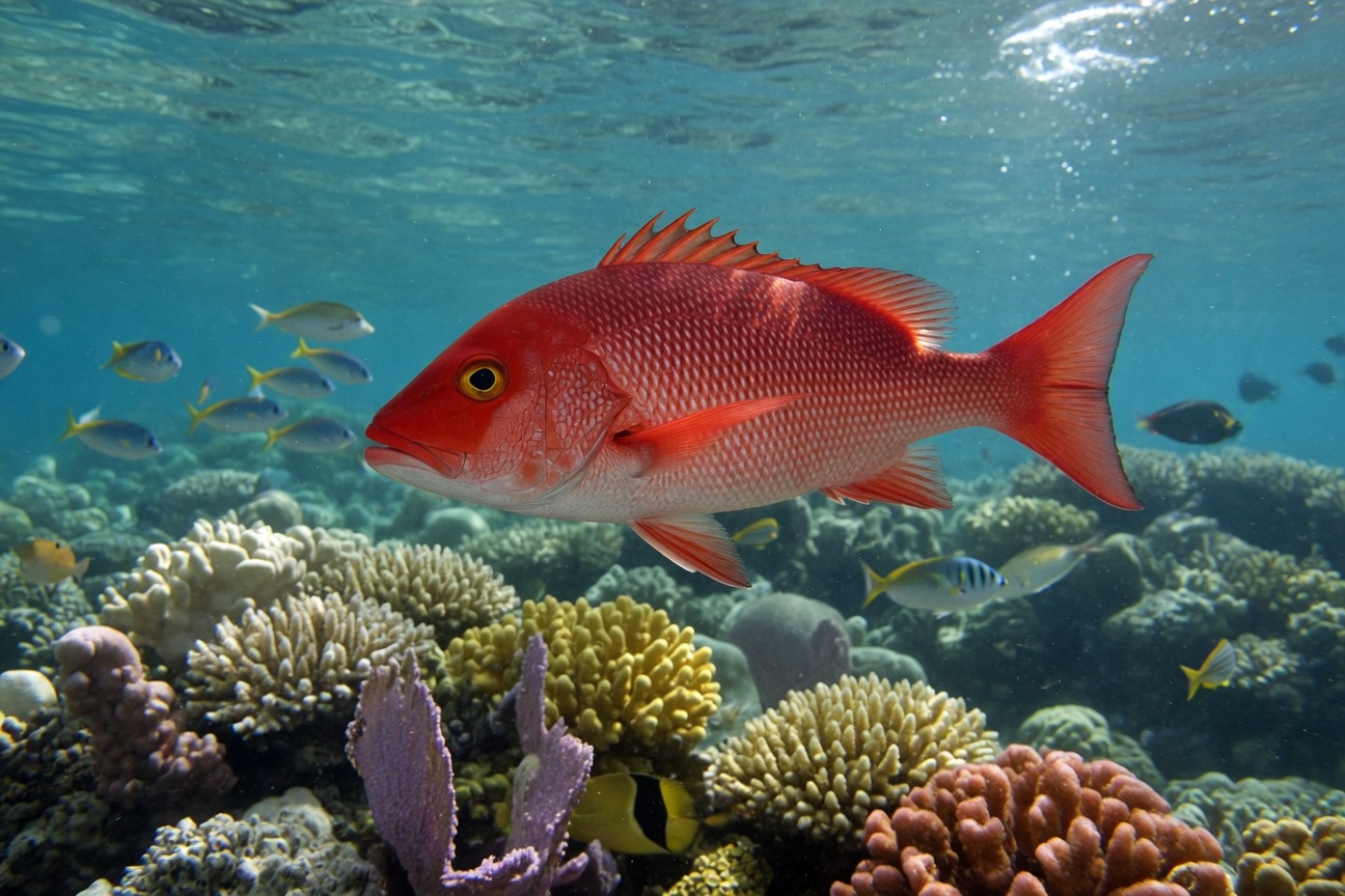 A large red snapper swims over a colorful coral reef with smaller fish in the background.