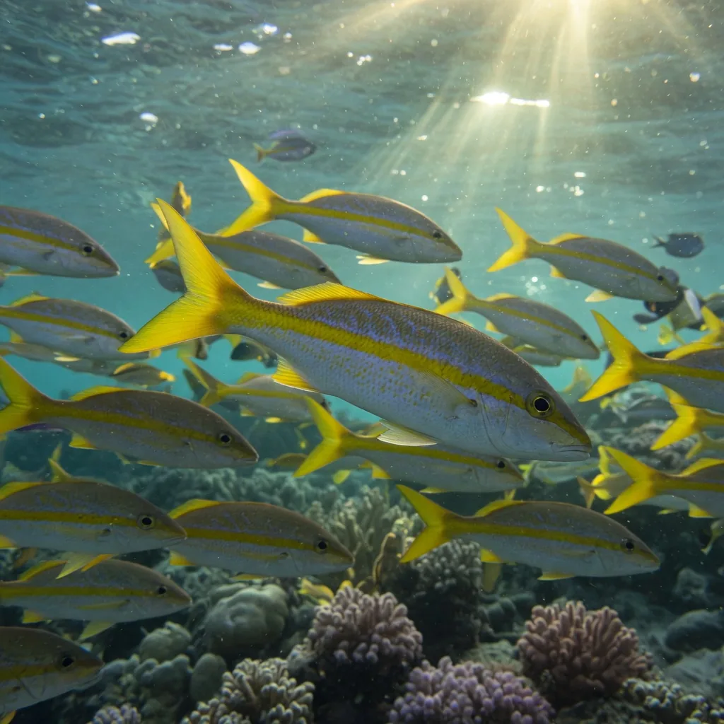A school of yellowtail snapper fish in clear tropical ocean water, showing bright yellow stripes and forked tails.