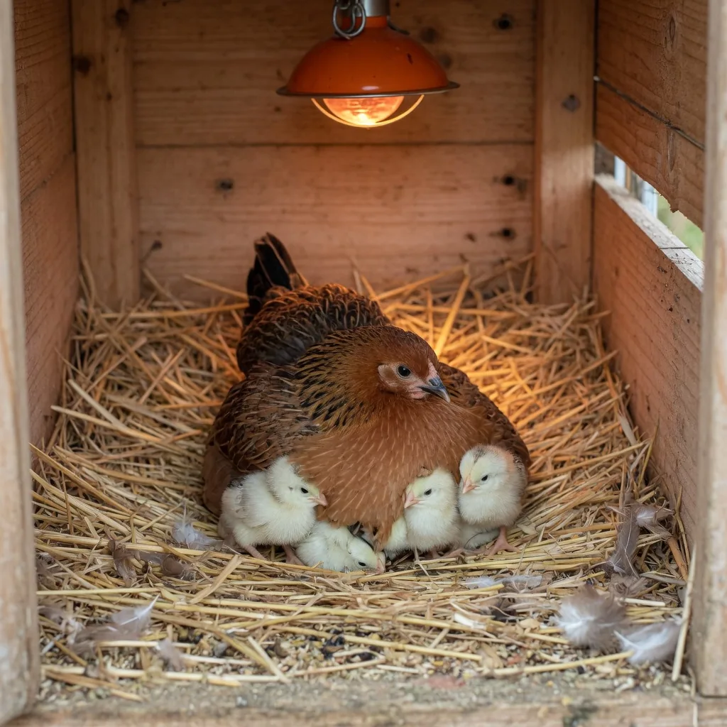 A warm chicken coop interior with a heat lamp and a bantam hen with chicks
