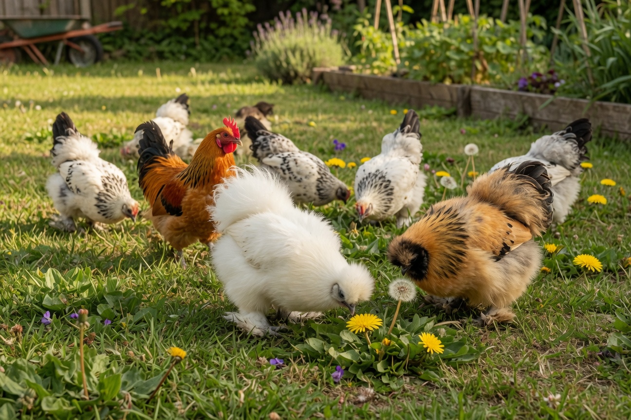 A group of bantam chickens foraging in a grassy garden with dandelions and a wheelbarrow in the background.
