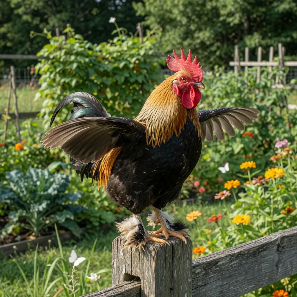 A bantam rooster perched proudly on a fence post