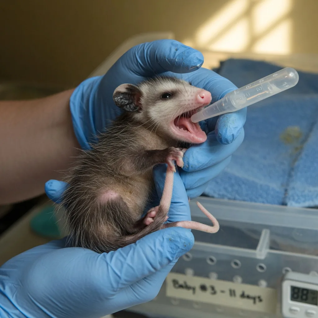 A tiny baby opossum being fed with an eye dropper