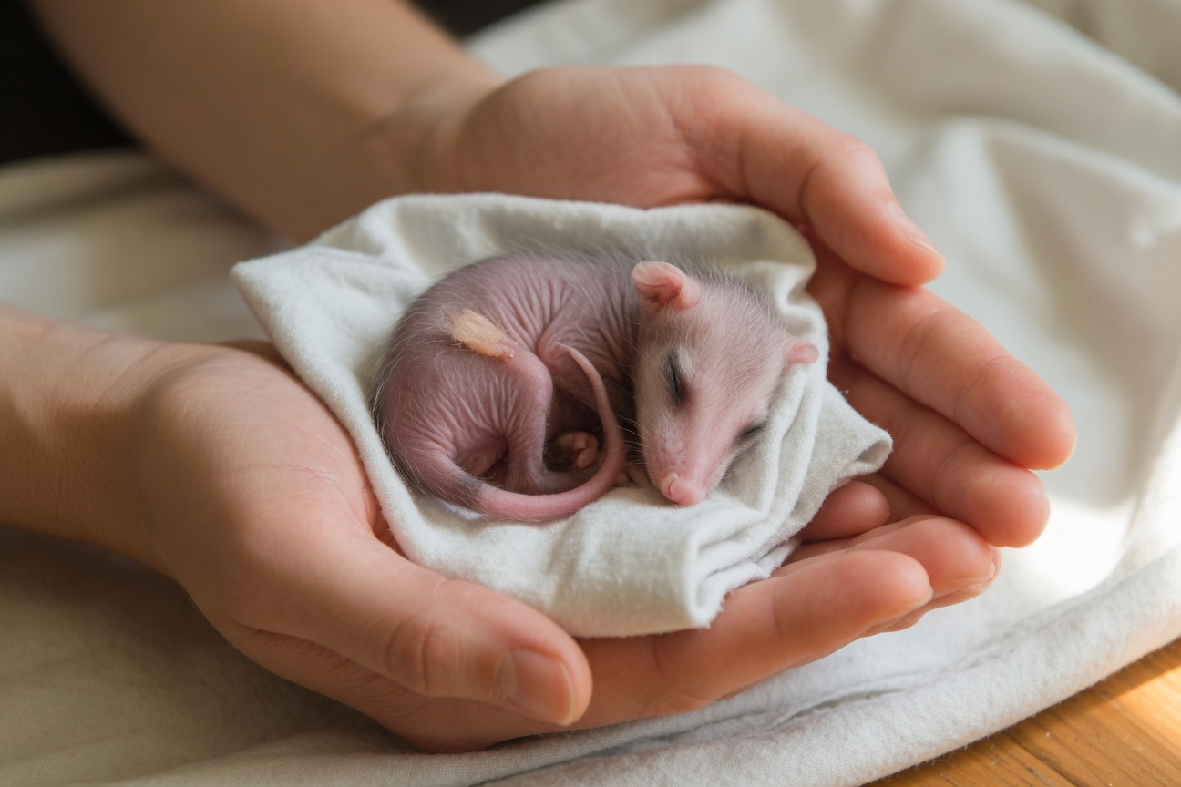 A tiny, pink baby possum sleeps curled up in a white cloth held by human hands.