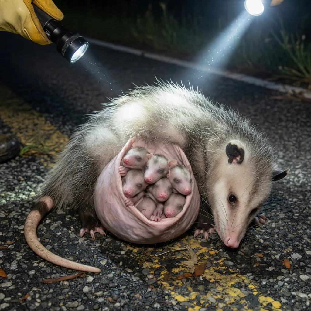 A Virginia opossum mother with tiny joeys visible in her pouch