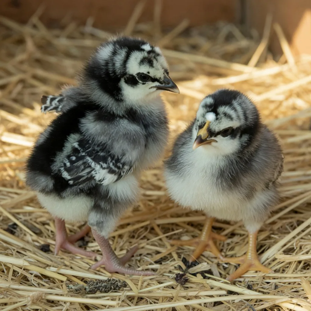 Two Barred Rock chicks on straw, the male has a scattered white head spot and thicker legs, while the female has a cleaner white dot and yellower legs