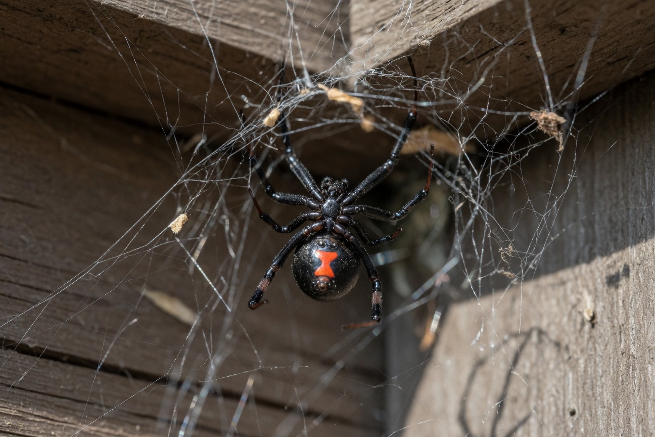 A black widow spider with a red hourglass marking hangs in a web against wooden planks.