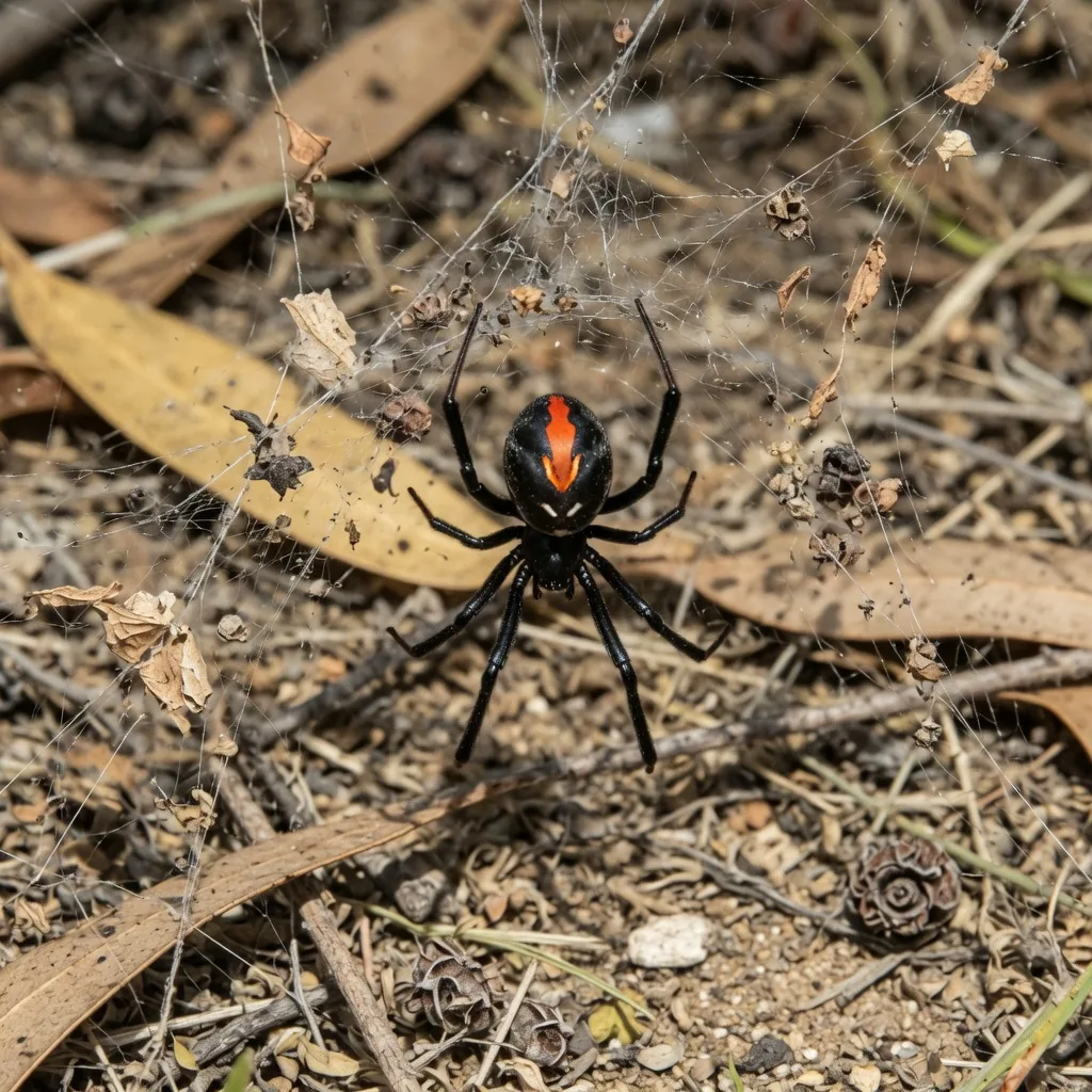 Redback spider showing distinctive red stripe on its back