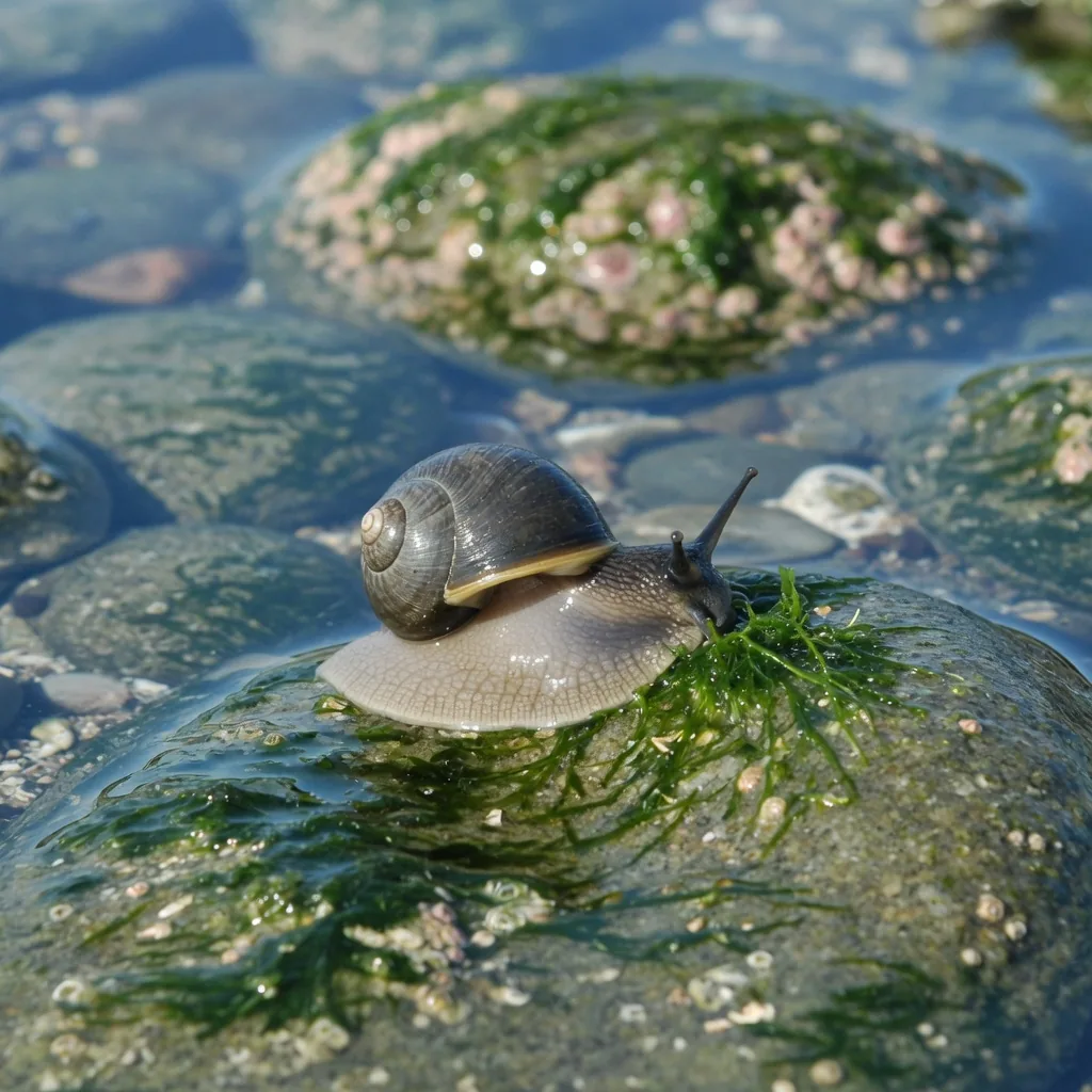 A common periwinkle snail grazing on algae-covered rock in a tidal pool
