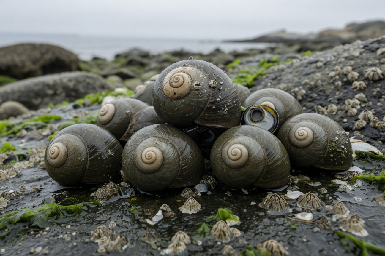 A cluster of Common Periwinkle Snails rests on a wet rock covered in barnacles and green algae near the ocean.