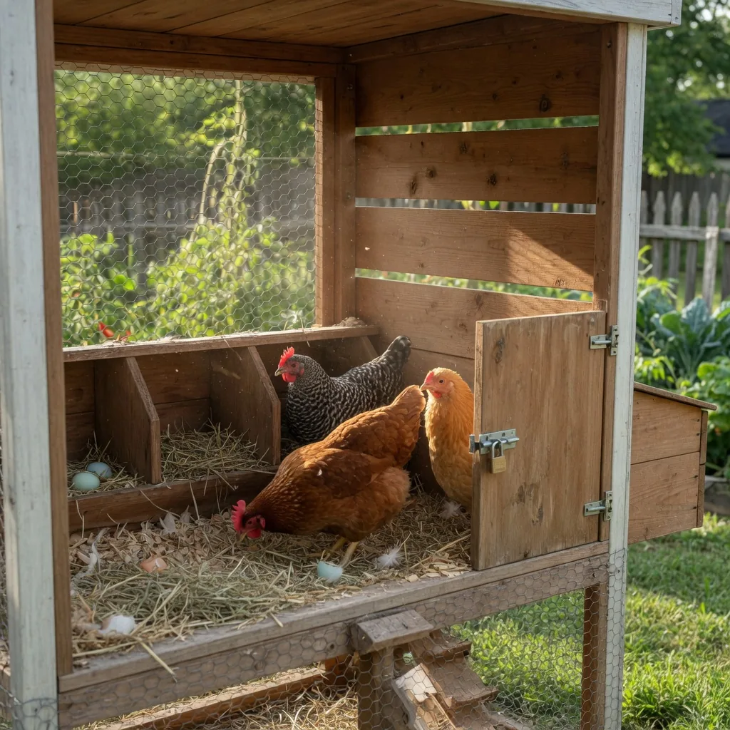 A well-built wooden chicken coop with a fenced outdoor run and nesting boxes inside