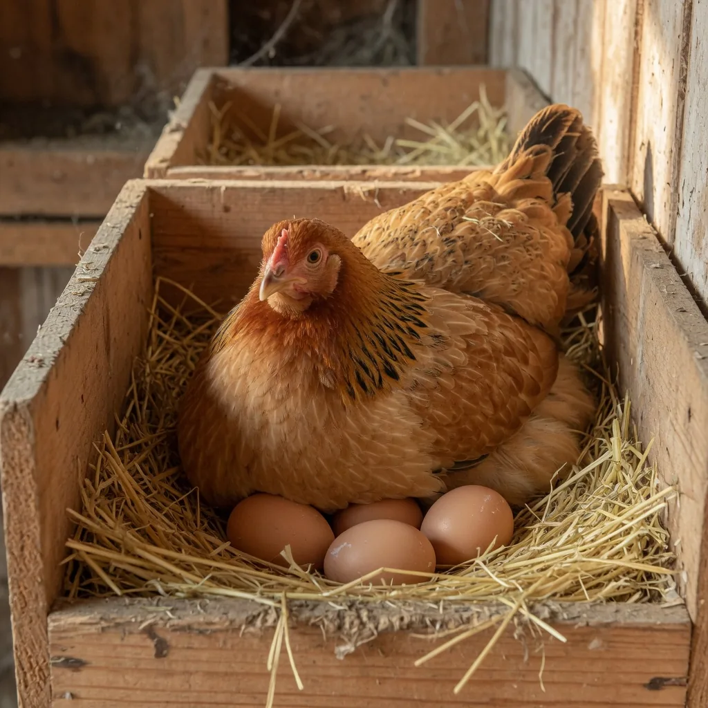 A Golden Comet hen sitting in a wooden nesting box with mellow-brown eggs beneath her