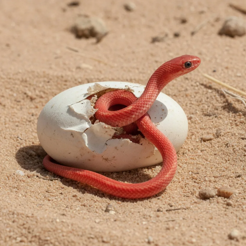 Baby red racer snake hatchling emerging from a leathery egg on desert sand