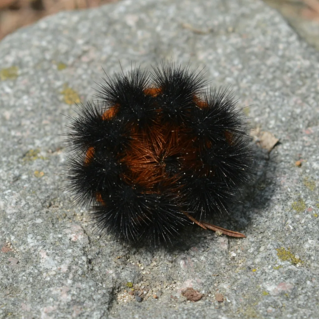 A woolly bear caterpillar curled into a tight ball as a defense posture