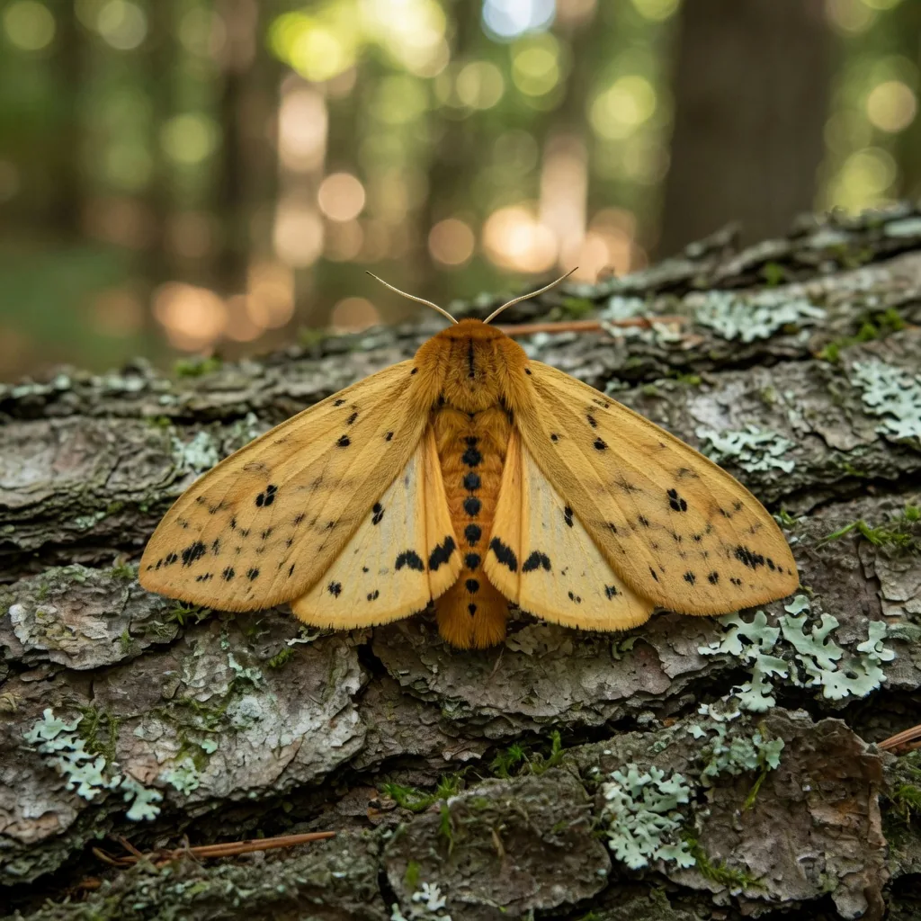 An Isabella Tiger Moth resting on bark, showing its yellow-orange wings with black dots