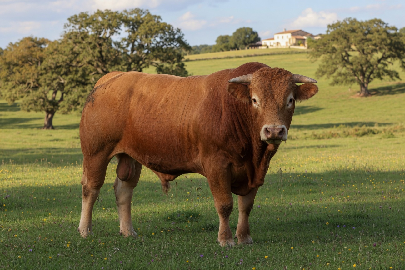 A large reddish-brown Limousin bull stands in a grassy field with trees and a house on a hill in the background.