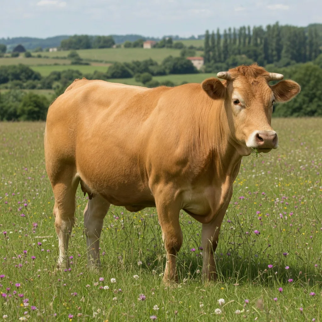 A golden Limousin cow standing in a green summer meadow, showing the breed's clean, muscular build