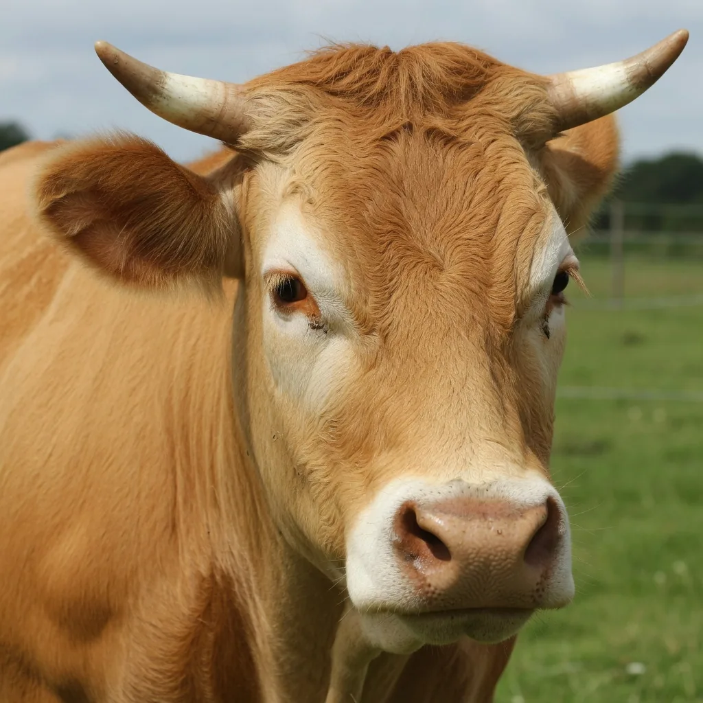 Limousin cow showing its distinctive light-colored muzzle and pale coloration around the eyes