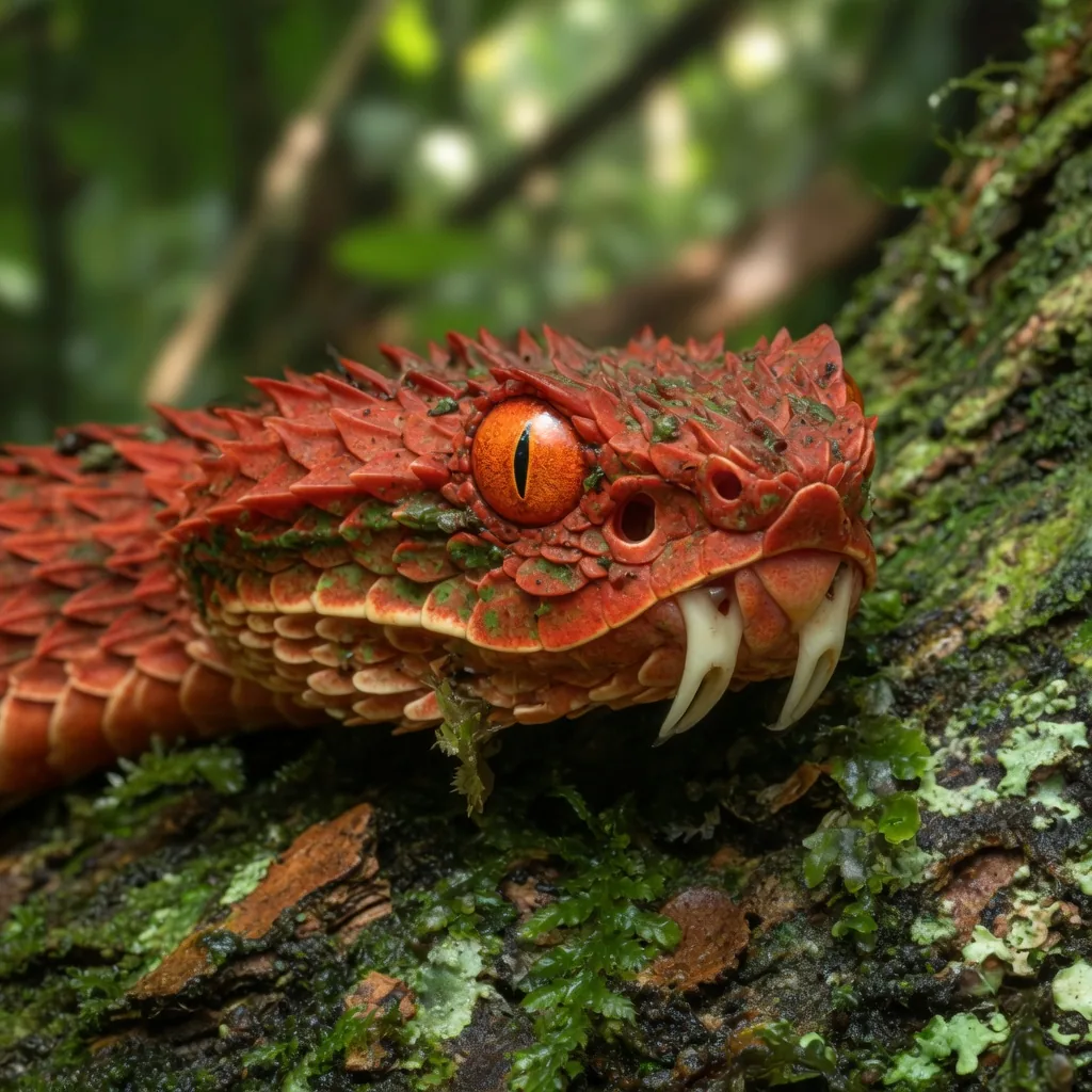 Close-up of an African bush viper's broad triangular head and large elliptical-pupil eyes