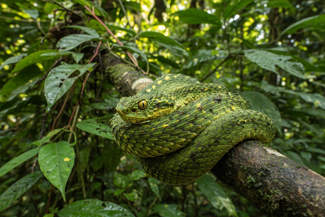 A green African Bush Viper is coiled tightly around a tree branch amidst lush green foliage.