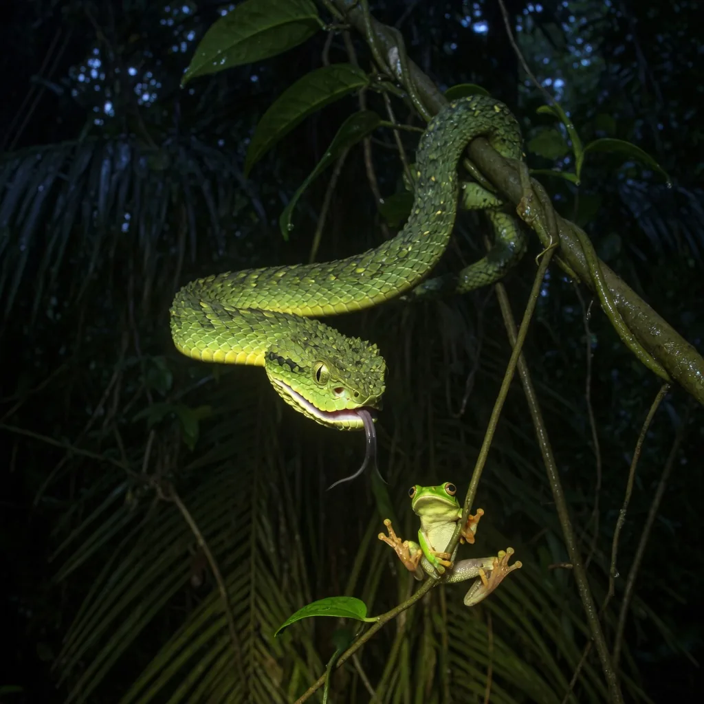 African bush viper hanging from a vine at night, striking toward prey below