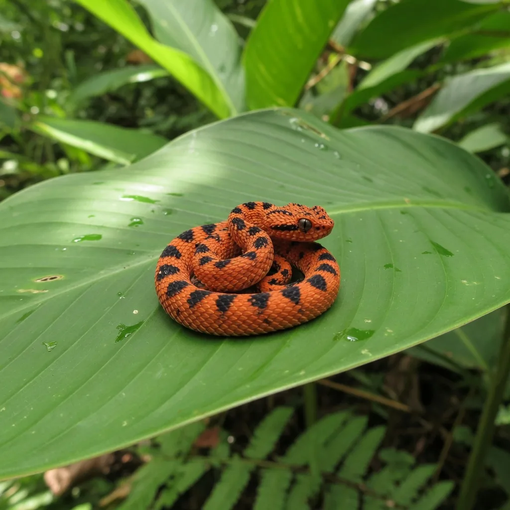A tiny newborn African bush viper juvenile coiled on a tropical leaf, showing vivid orange and black patterning