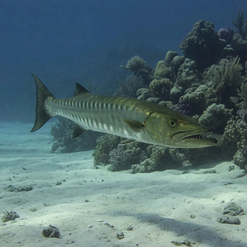 A barracuda hovering motionless near the seafloor, ready to ambush prey