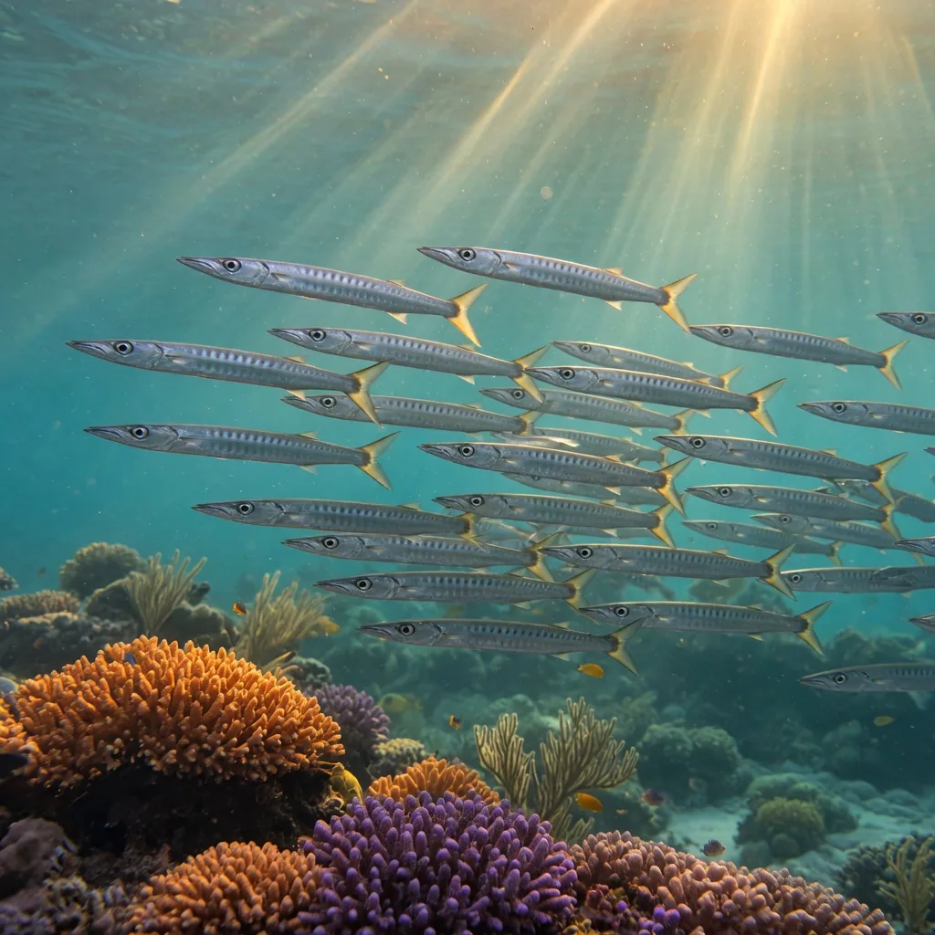 A school of juvenile barracudas swimming together through a coral reef