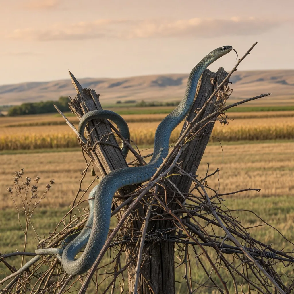 An adult blue racer snake climbing through dry branches on a shrubby fencerow in open farmland.