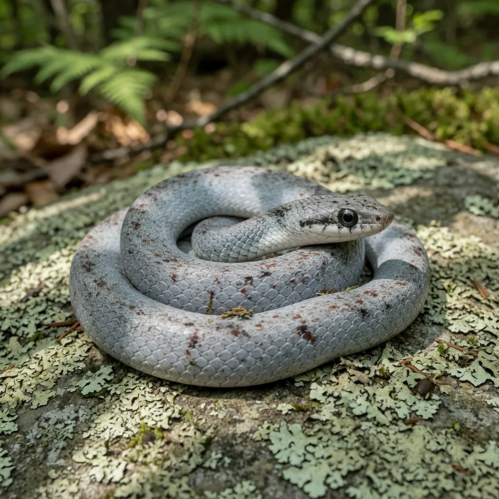 A juvenile blue racer snake showing reddish-brown and gray spots on a gray body, coiled on a rock.