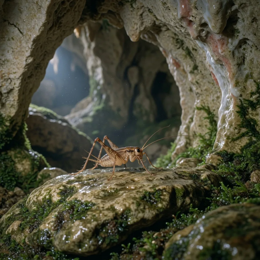 Dark cave habitat where camel crickets live, damp limestone walls