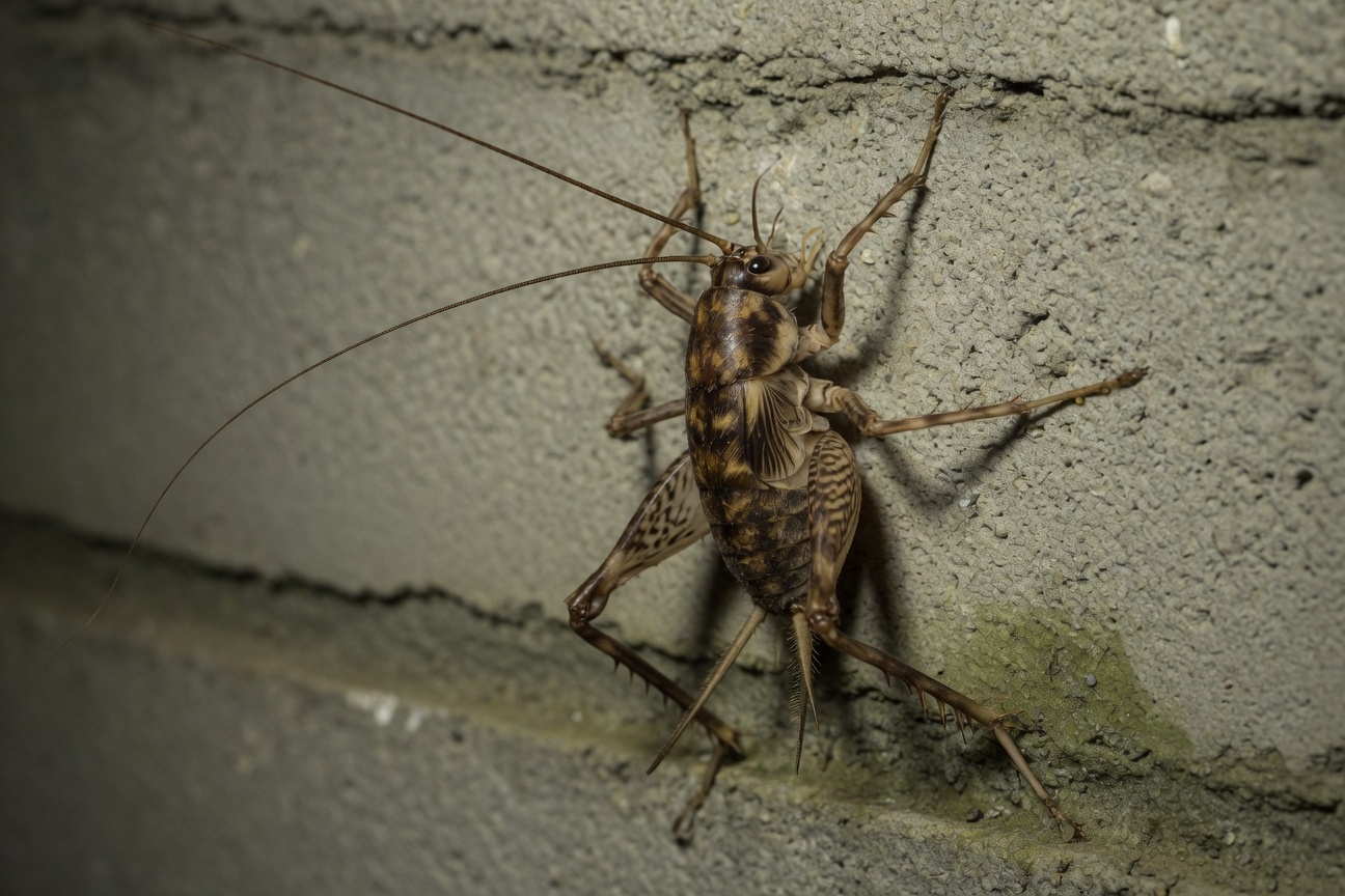 A brown camel cricket with long antennae and large hind legs clings to a textured grey concrete wall.