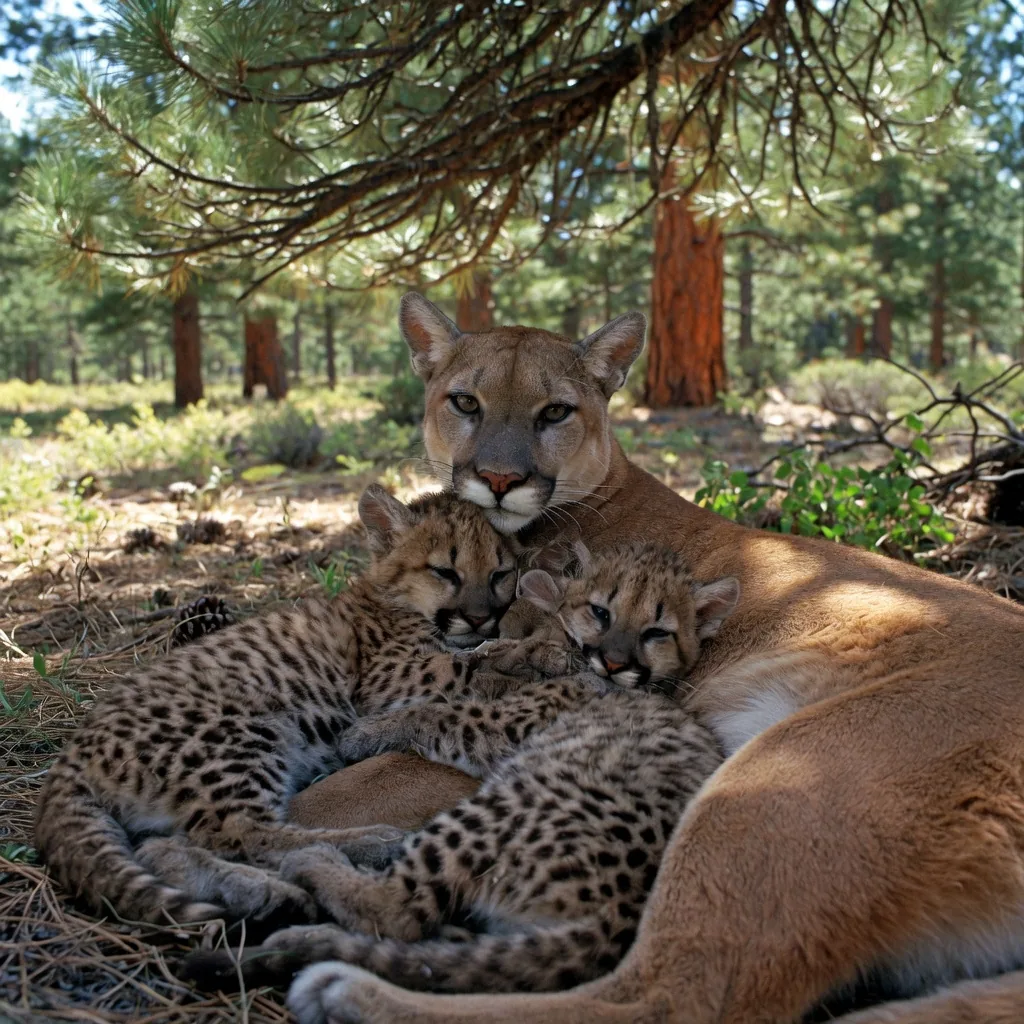 A female cougar resting with two spotted cubs nestled beside her in a forest