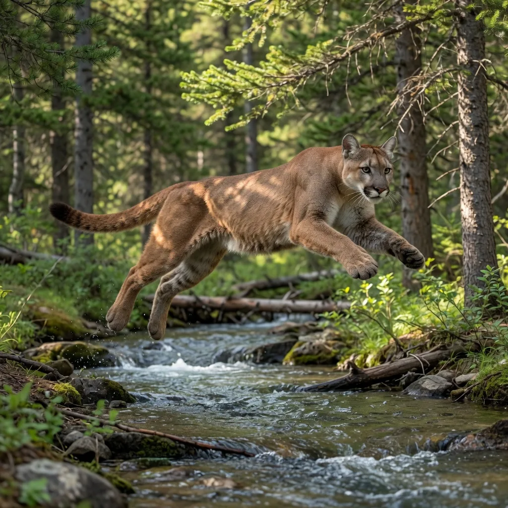 A cougar leaping across a mountain creek, legs fully extended, tail outstretched for balance