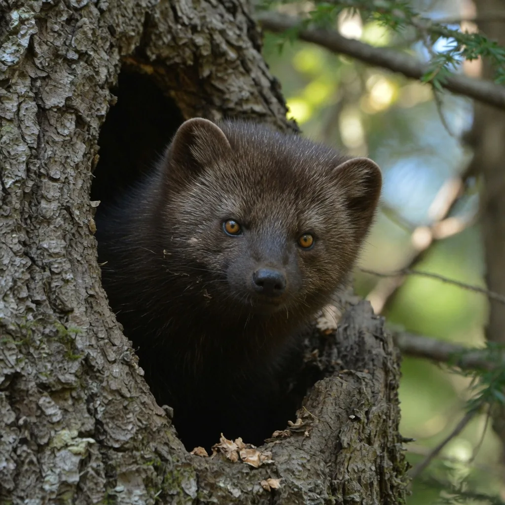 Close-up of a fisher's broad triangular head and dark chocolate-brown fur