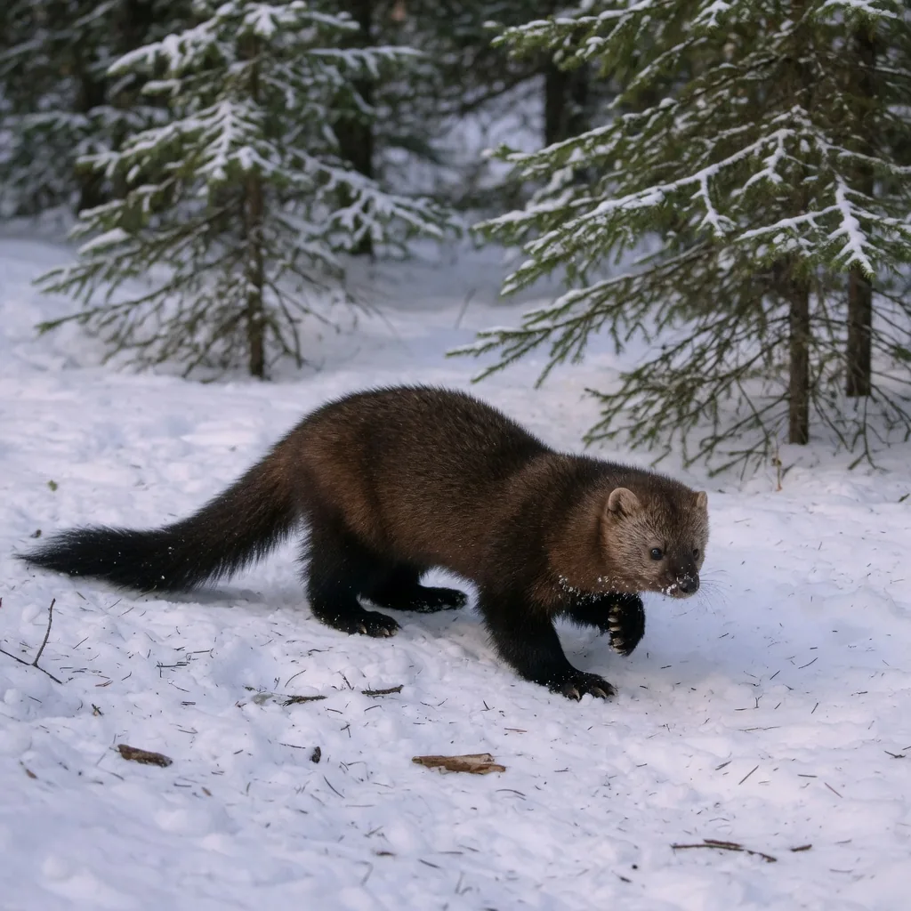 A fisher crouched low on a snowy forest floor in hunting posture