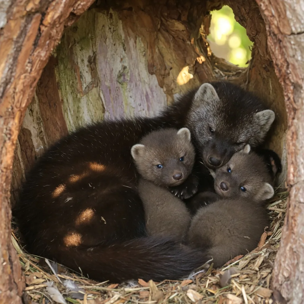 Mother fisher and kits nestled inside a tree hollow den
