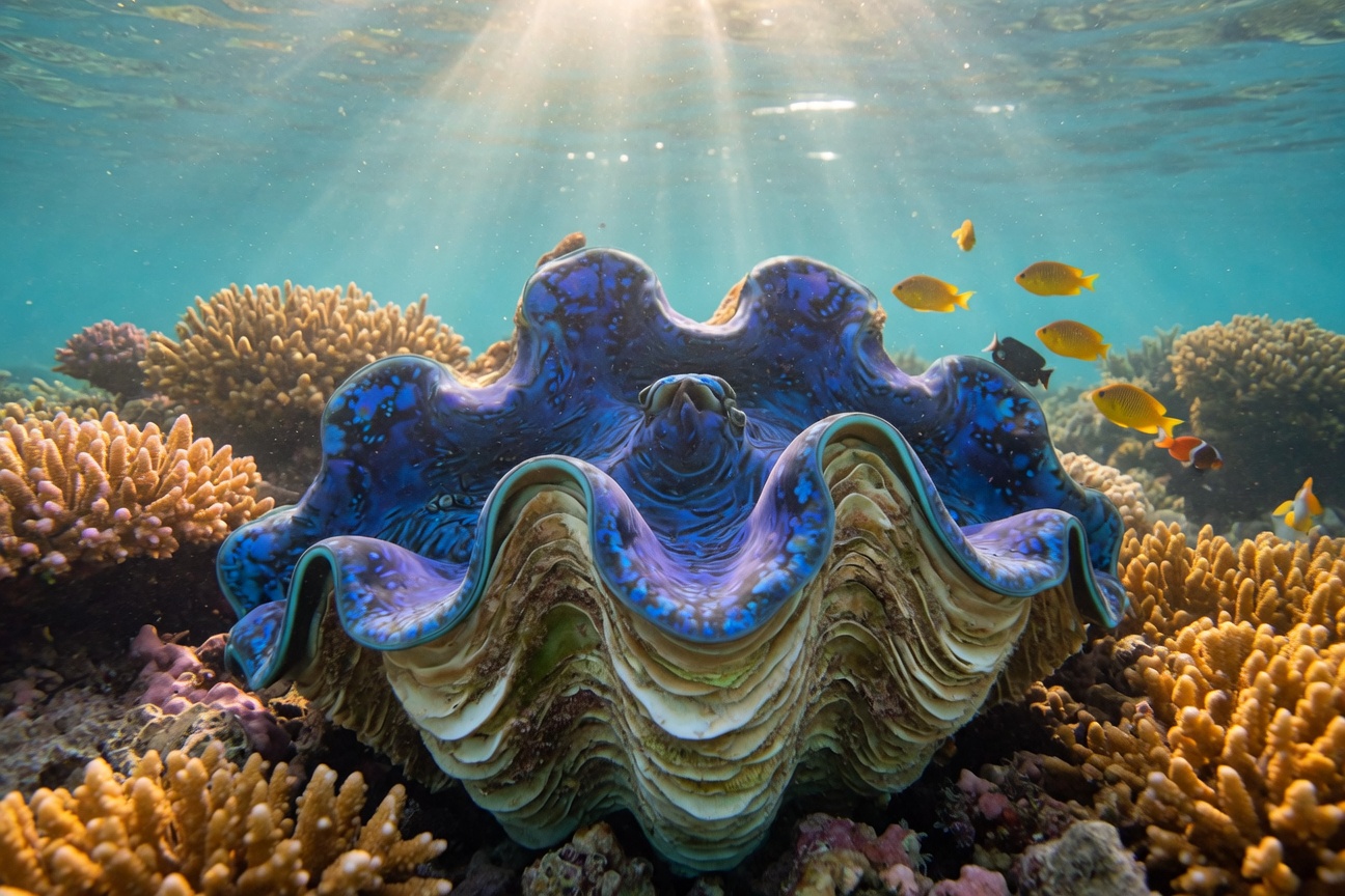 A giant clam with a vibrant blue mantle rests on a coral reef while sunlight streams down and small fish swim nearby.
