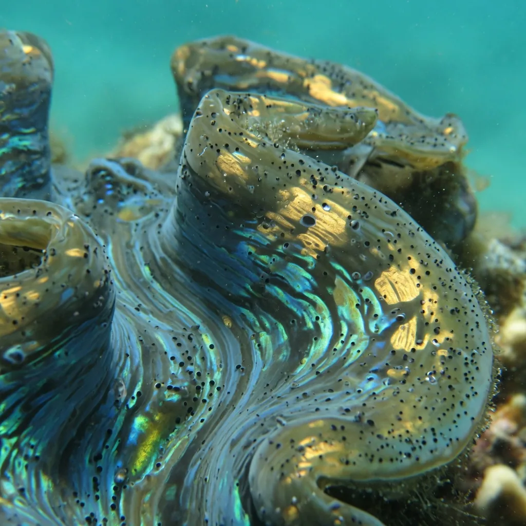 Close-up of a giant clam's iridescent mantle tissue, showing tiny photoreceptive cells as dark dots across the glowing surface