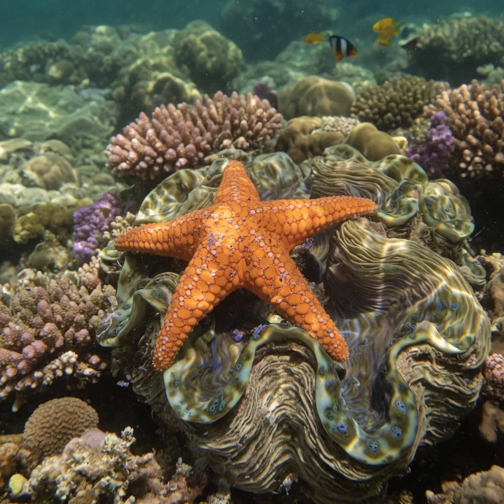An orange sea star resting on a giant clam's ribbed shell on a tropical coral reef