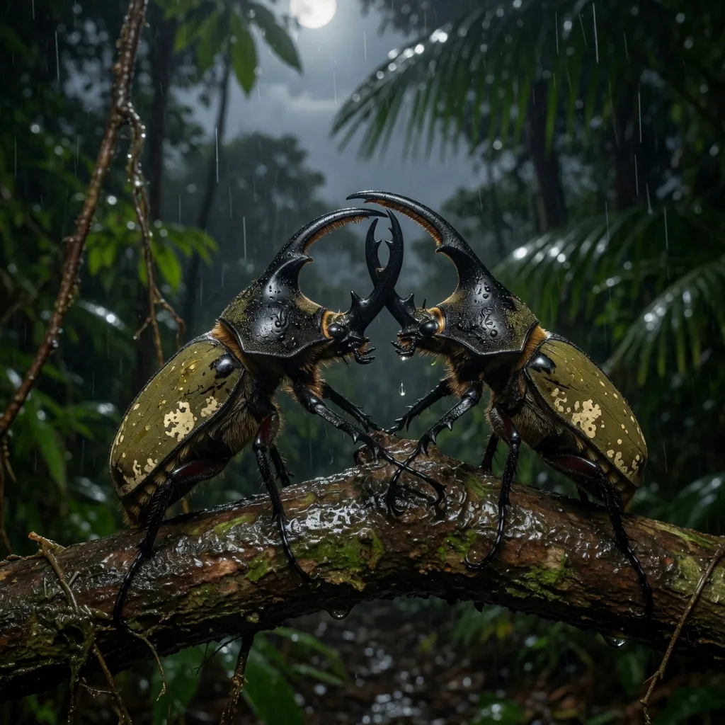 Two male Hercules beetles fighting in the rainforest at night, their enormous horns locked together