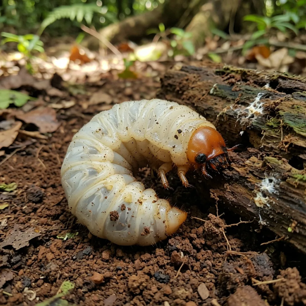 Hercules beetle larva, a large creamy-white grub beside a piece of rotting wood in the forest