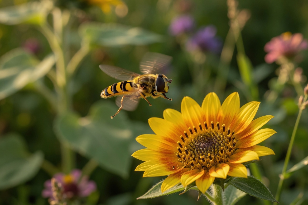 A yellow and black hoverfly hovers near a bright yellow flower.