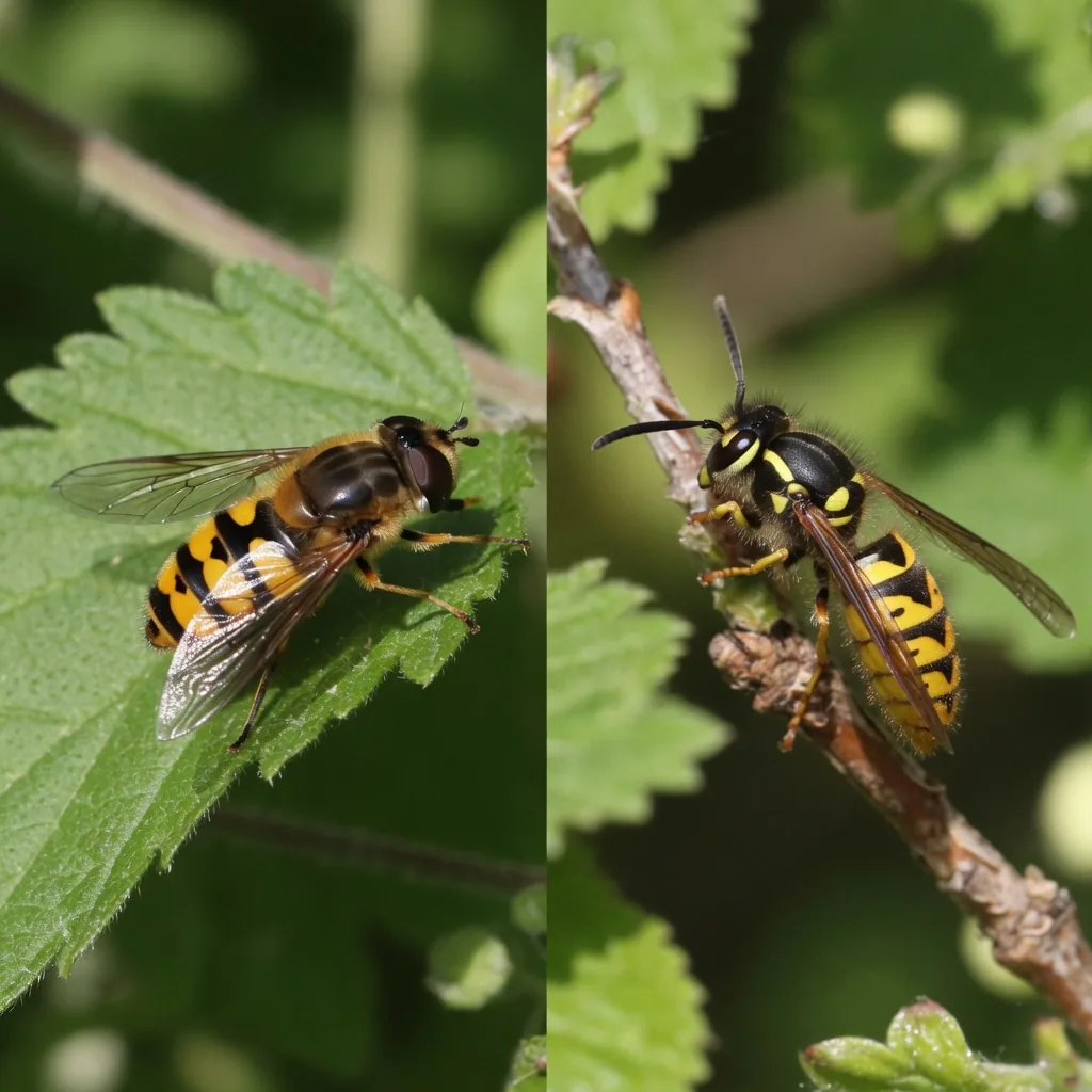 A hoverfly resting on a leaf next to a wasp, showing the difference in wing pairs and antennae