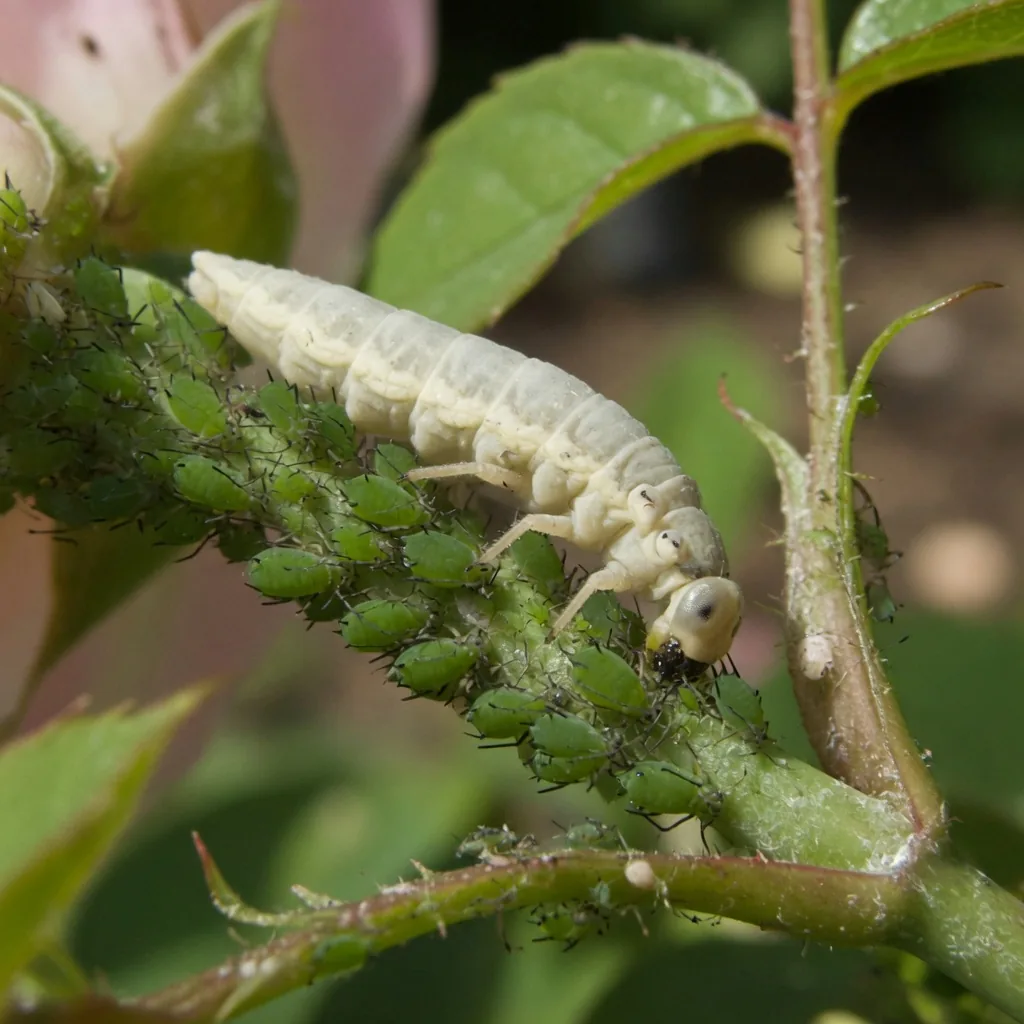 A pale hoverfly larva crawling among a cluster of green aphids on a plant stem