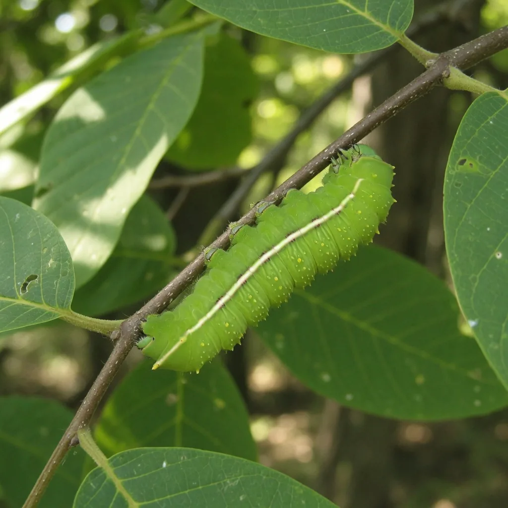 A bright green Luna Moth caterpillar on a walnut tree branch, showing its segmented body and small legs