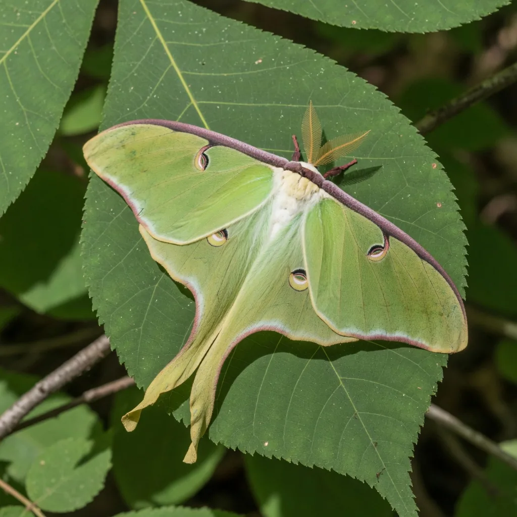Close-up of a Luna Moth's lime-green wings showing transparent eyespots and long twisted tail streamers