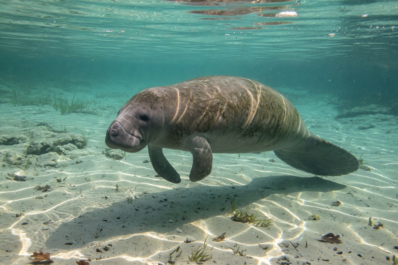 A manatee swims underwater over a sandy seabed with sunlight filtering through the clear water.