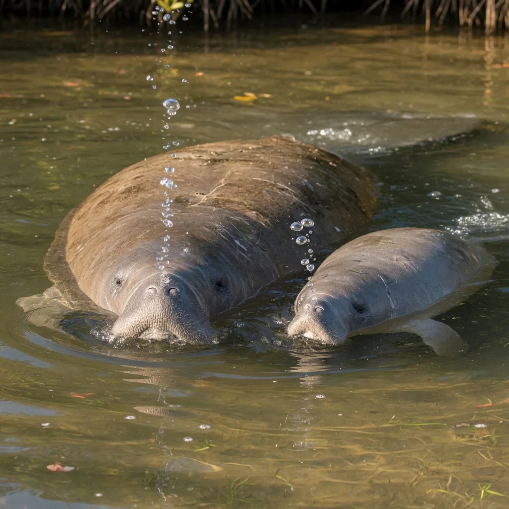 A manatee mother and calf swimming side by side in warm shallow water